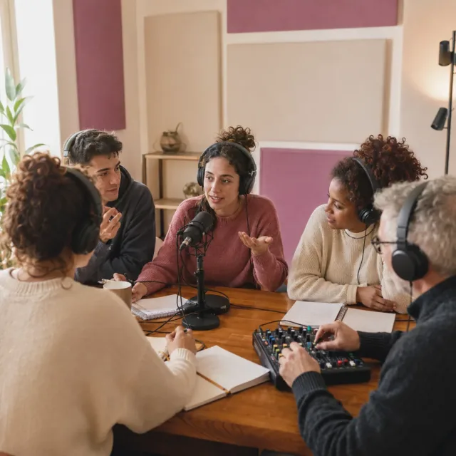 Grupo diverso graba un podcast colectivo en un taller de radio participativo