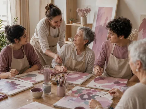 Taller comunitario de pintura creativa sobre lienzos en tonos rosa y malva