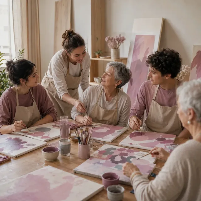 Taller comunitario de pintura creativa sobre lienzos en tonos rosa y malva