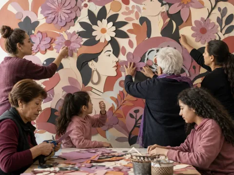 Creación colectiva de un mural floral sobre fuerza, igualdad y renovación