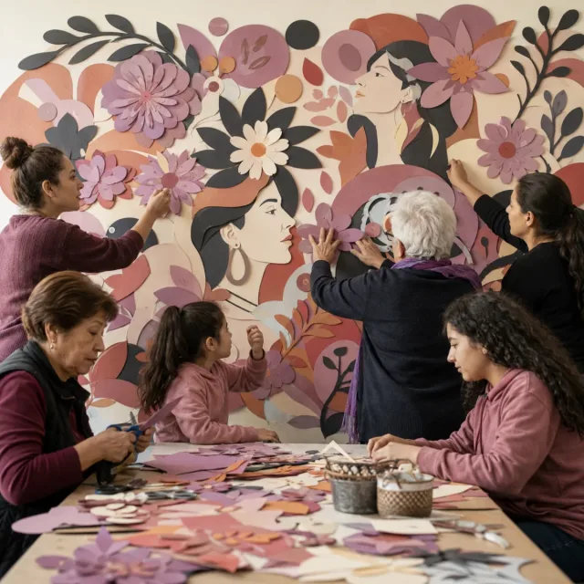 Creación colectiva de un mural floral sobre fuerza, igualdad y renovación