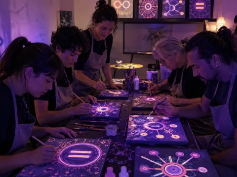 Participantes crean cuadros fluorescentes con símbolos abstractos de igualdad y diversidad