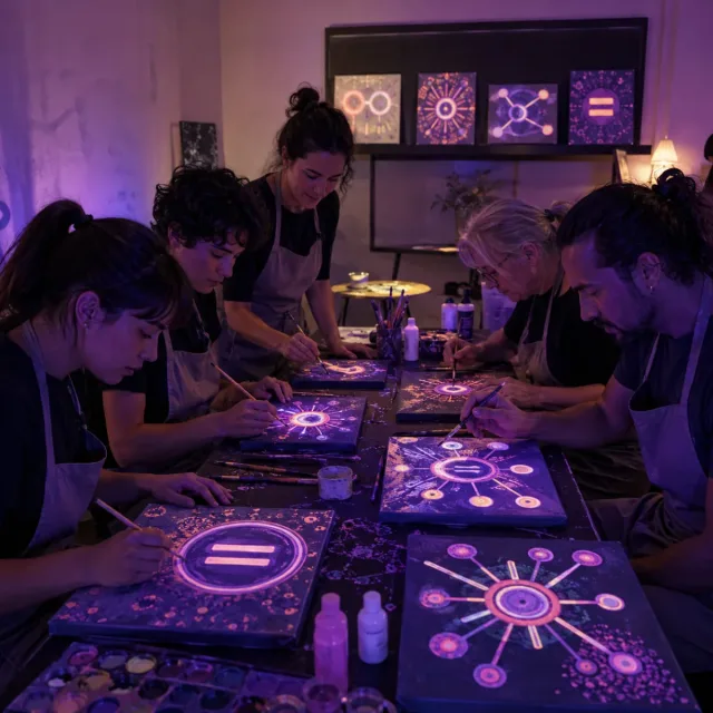 Participantes crean cuadros fluorescentes con símbolos abstractos de igualdad y diversidad