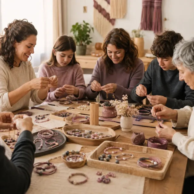 Personas de distintas edades elaboran pulseras personalizadas en un taller creativo