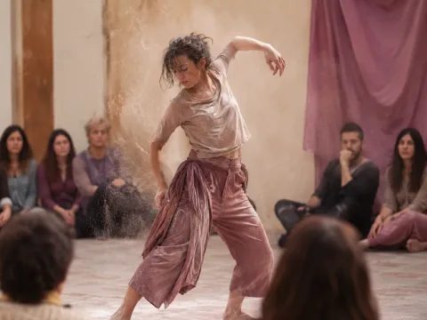Intérprete de danza contemporánea explora identidad y diversidad en una escena con polvo teatral