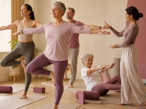Personas de distintas edades practican yoguilates con movimientos suaves y conscientes