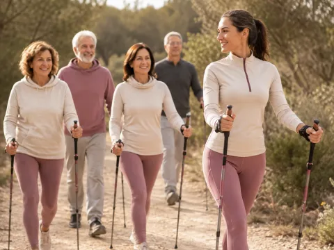 Grupo aprendiendo la técnica de marcha nórdica en una ruta natural