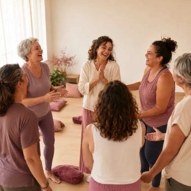 Grupo de mujeres comparte una dinámica de risoterapia en un espacio de bienestar