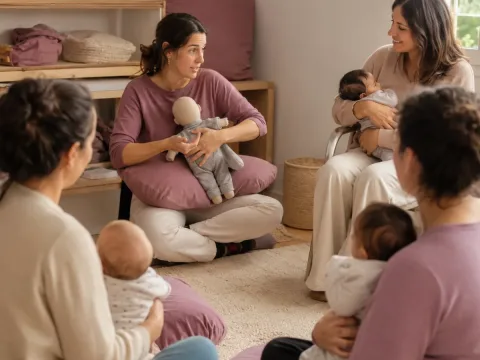 Taller de lactancia materna con matrona, madres y bebés en un espacio cálido de acompañamiento