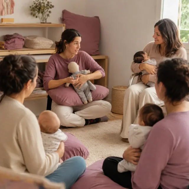 Taller de lactancia materna con matrona, madres y bebés en un espacio cálido de acompañamiento