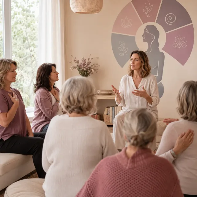 Matrona guiando un taller de autocuidado y bienestar durante la menopausia