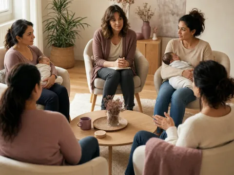 Madres con sus bebés comparten un taller de apoyo emocional durante el posparto