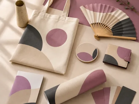 Colección de merchandising personalizado en tonos crema, rosa empolvado y malva
