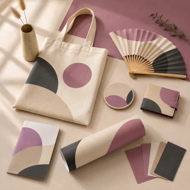 Colección de merchandising personalizado en tonos crema, rosa empolvado y malva