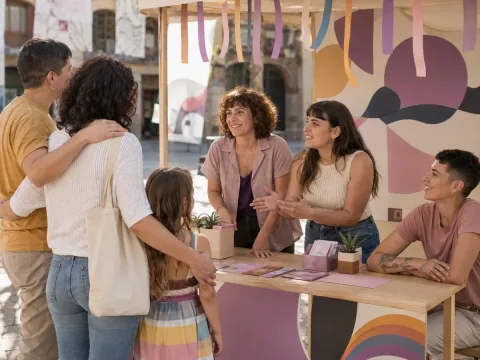 Punto comunitario de información y apoyo a la diversidad en una plaza pública