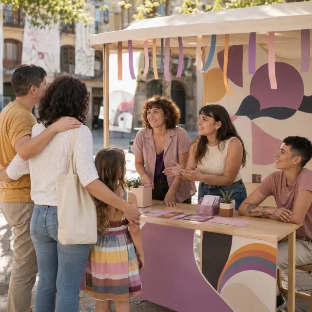 Punto comunitario de información y apoyo a la diversidad en una plaza pública