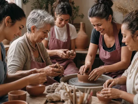 Mujeres de distintas edades participando en un taller de alfarería