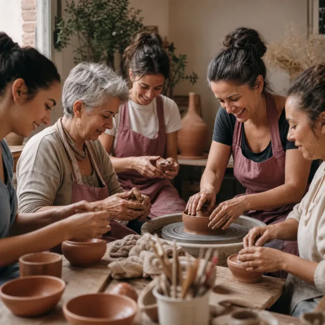 Mujeres de distintas edades participando en un taller de alfarería