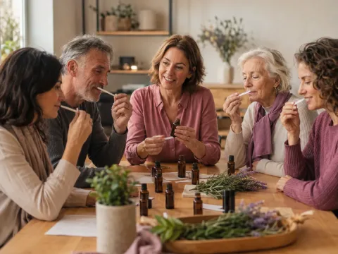 Personas adultas y mayores participando en un taller sensorial de aromaterapia