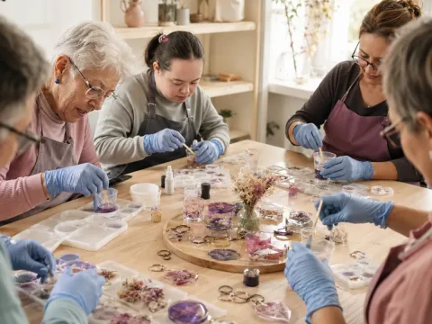 Participantes creando piezas decorativas en un taller de arte en resina