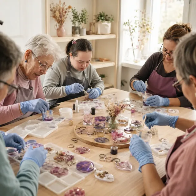 Participantes creando piezas decorativas en un taller de arte en resina