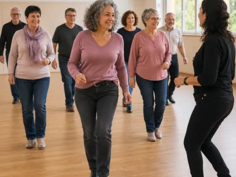 Grupo de personas adultas y mayores en una clase de baile en línea