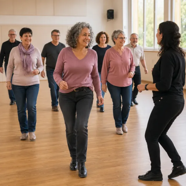 Grupo de personas adultas y mayores en una clase de baile en línea