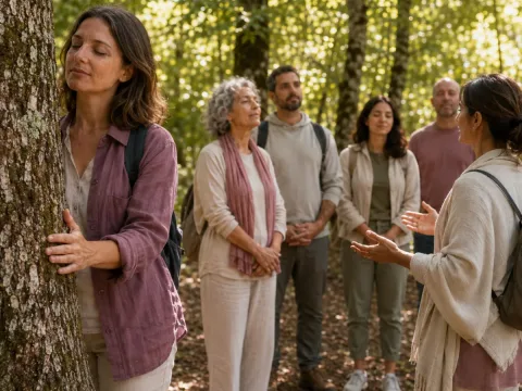 Grupo realizando una experiencia guiada de conexión sensorial con el bosque