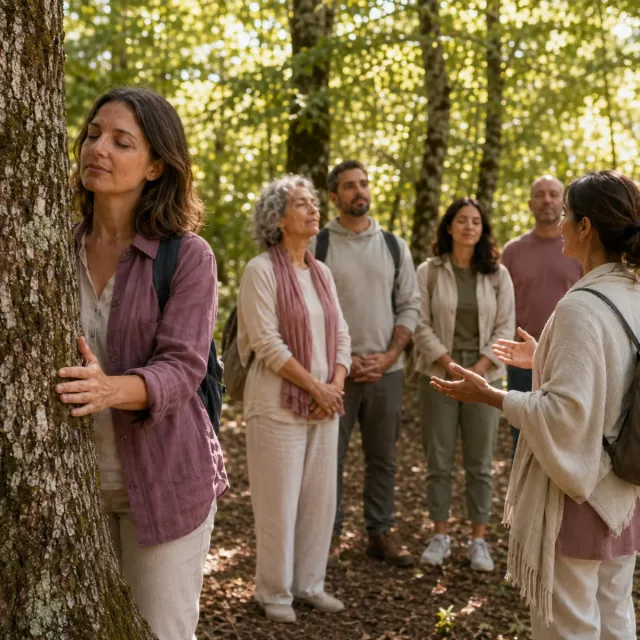 Grupo realizando una experiencia guiada de conexión sensorial con el bosque