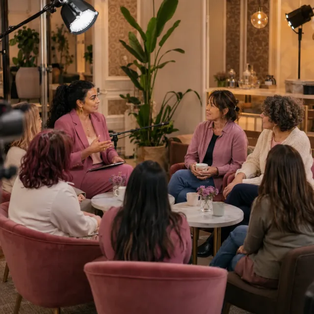 Tertulia comunitaria en un espacio cálido con formato de plató y café