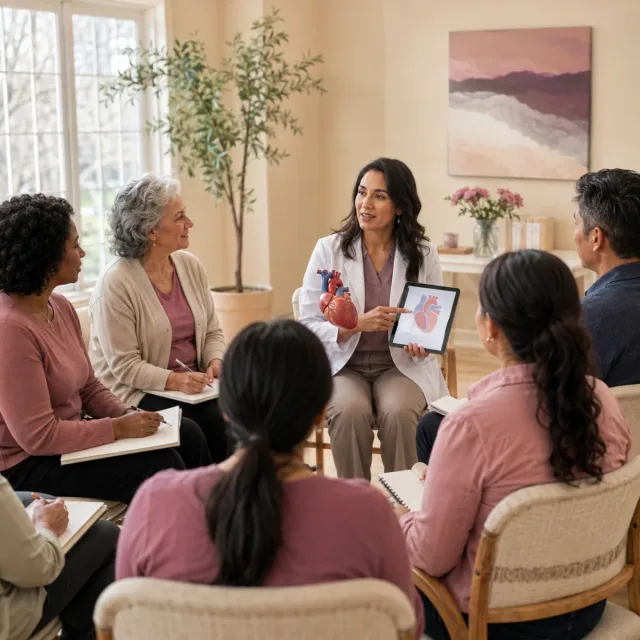 Cardióloga impartiendo una charla preventiva con perspectiva de género