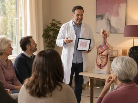 Profesional de medicina interna explicando el SIBO y la salud digestiva