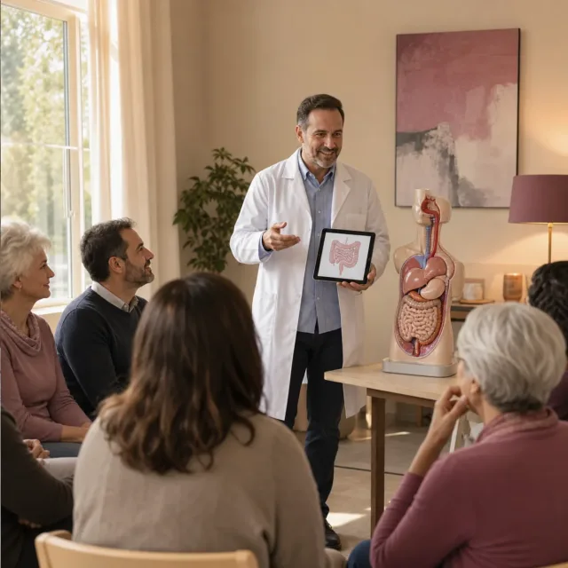 Profesional de medicina interna explicando el SIBO y la salud digestiva
