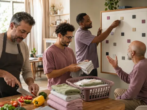 Hombres compartiendo tareas domésticas y de cuidados en un taller práctico