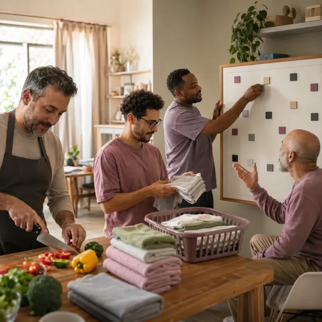Hombres compartiendo tareas domésticas y de cuidados en un taller práctico