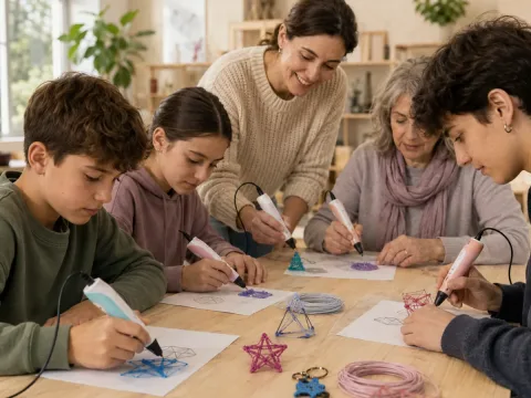 Participantes utilizando bolígrafos 3D para crear pequeños objetos