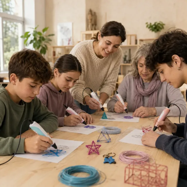 Participantes utilizando bolígrafos 3D para crear pequeños objetos