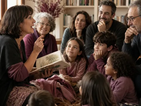 Narradora compartiendo una historia participativa con niñas, niños y familias