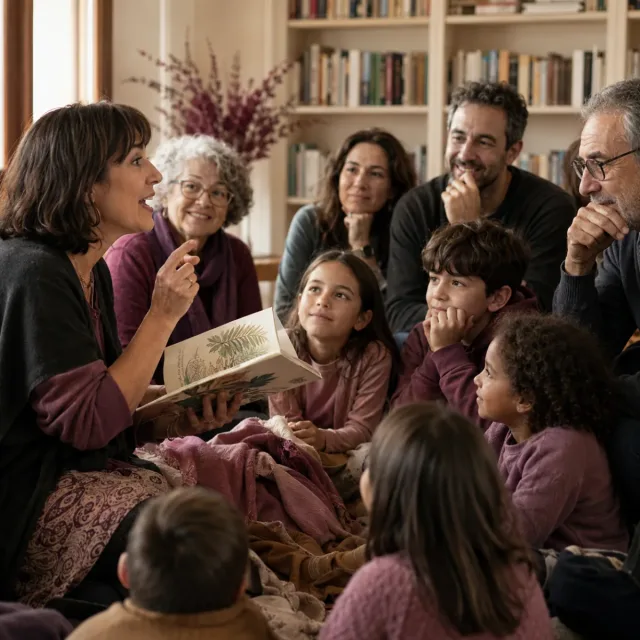 Narradora compartiendo una historia participativa con niñas, niños y familias