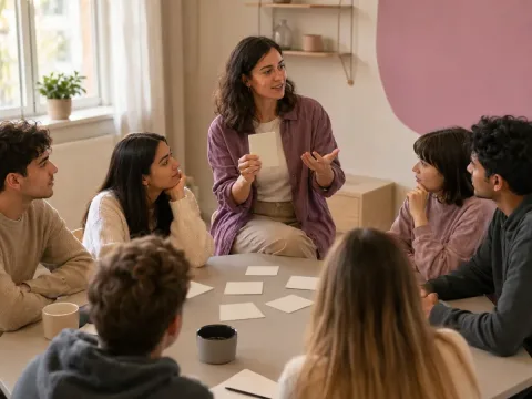 Jóvenes adultos en un taller sobre consentimiento, respeto y relaciones saludables