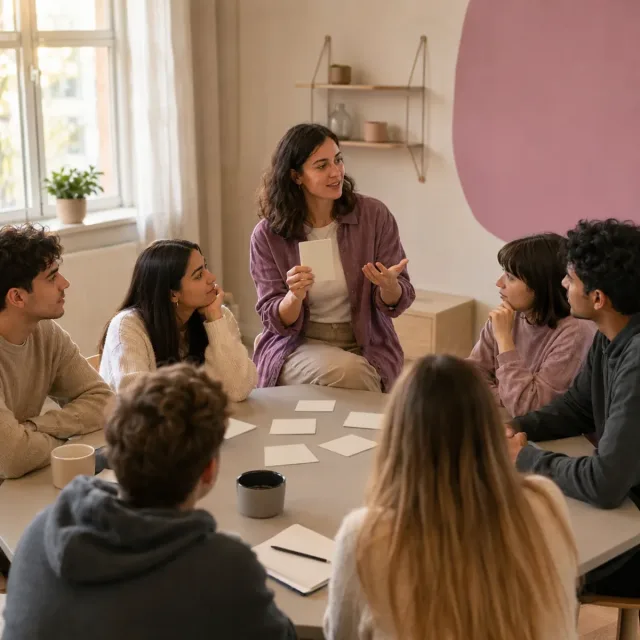Jóvenes adultos en un taller sobre consentimiento, respeto y relaciones saludables