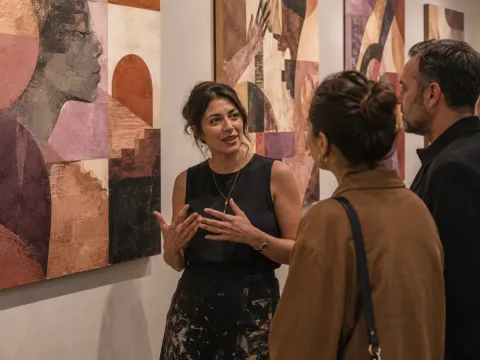 Artista conversando con visitantes en una exposición sobre identidad y fortaleza femenina