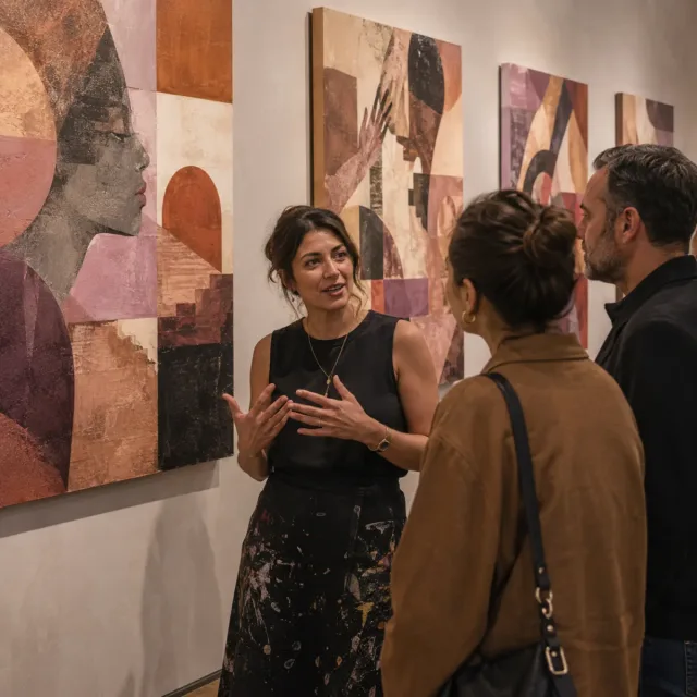 Artista conversando con visitantes en una exposición sobre identidad y fortaleza femenina