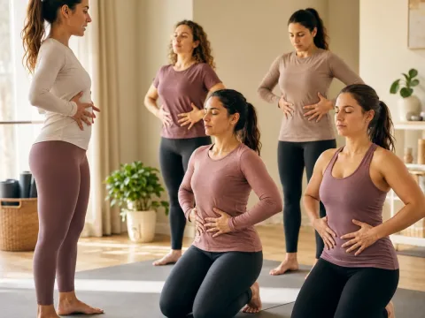 Fisioterapeuta guiando ejercicios hipopresivos en un taller para mujeres adultas
