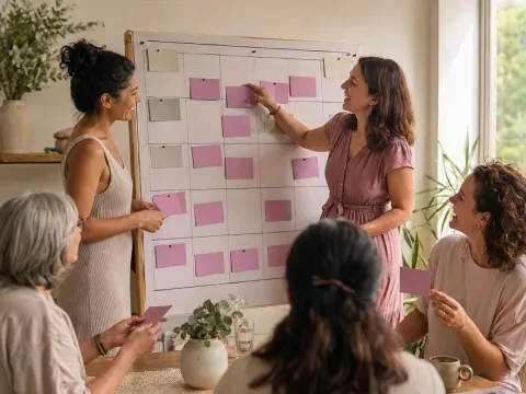 Mujeres organizando prioridades y responsabilidades en un taller de gestión del tiempo