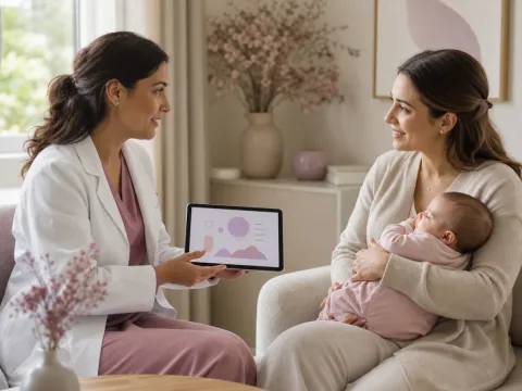 Ginecóloga orientando a una madre sobre planificación y salud tras el parto