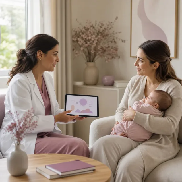 Ginecóloga orientando a una madre sobre planificación y salud tras el parto