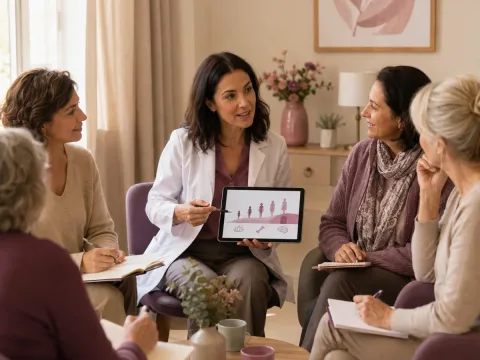 Ginecóloga impartiendo una charla cercana sobre menopausia y bienestar