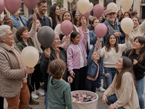 Acción comunitaria intergeneracional con globos y un mensaje compartido