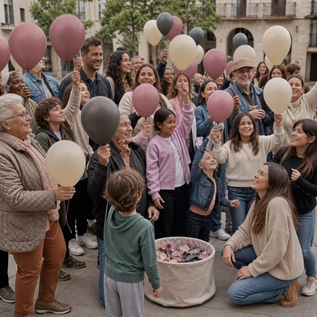 Acción comunitaria intergeneracional con globos y un mensaje compartido